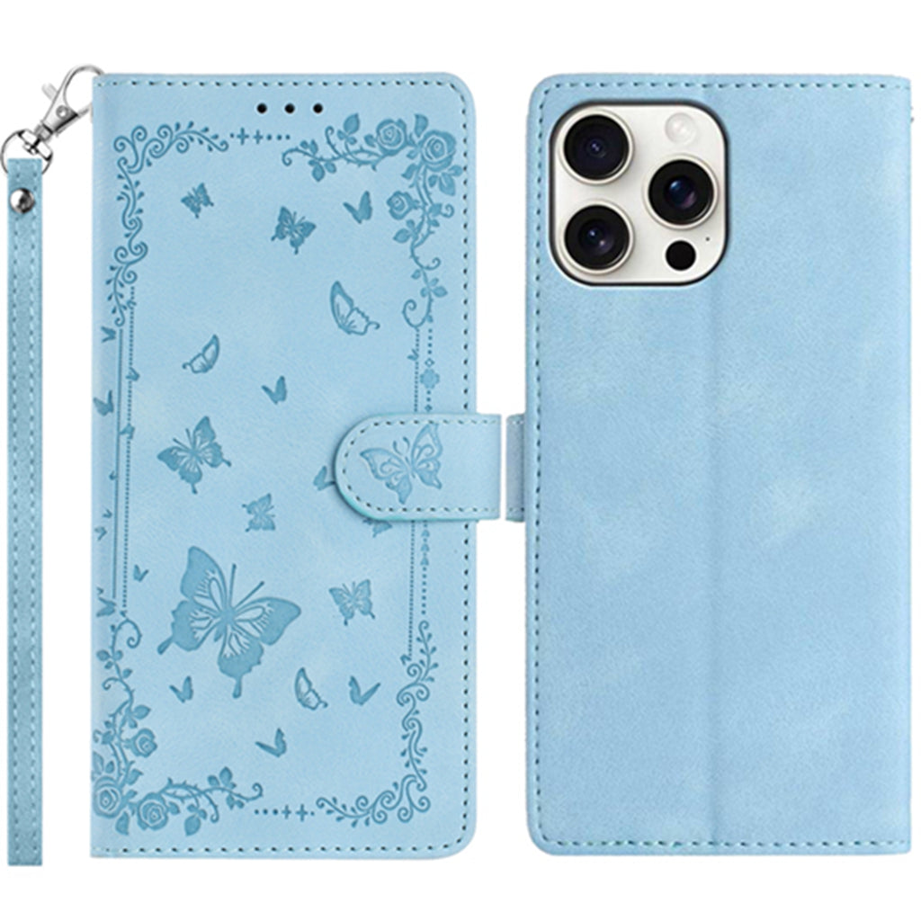 For iPhone 16 Pro Case Garden Imprinted PU Leather Wallet Phone Cover with Wrist Strap