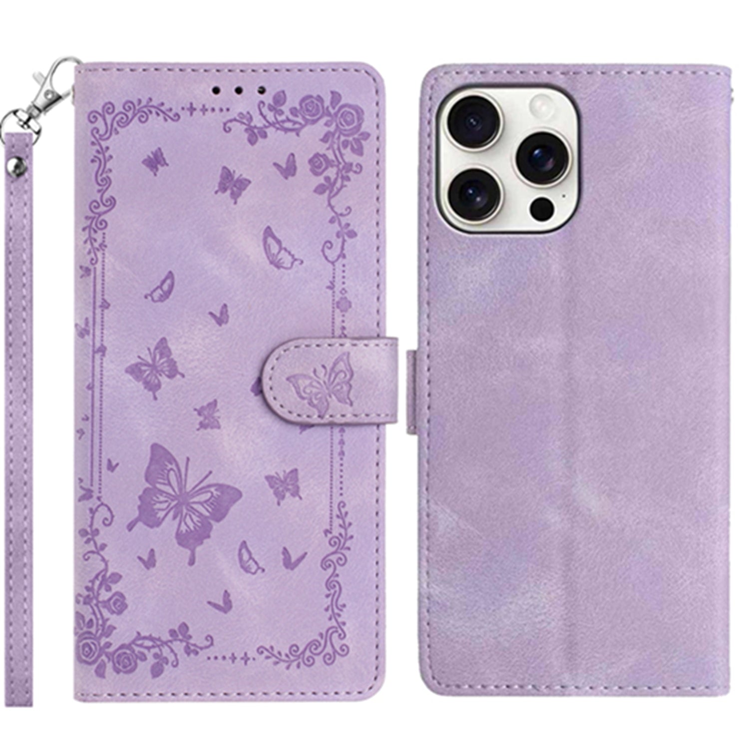For iPhone 16 Pro Case Garden Imprinted PU Leather Wallet Phone Cover with Wrist Strap