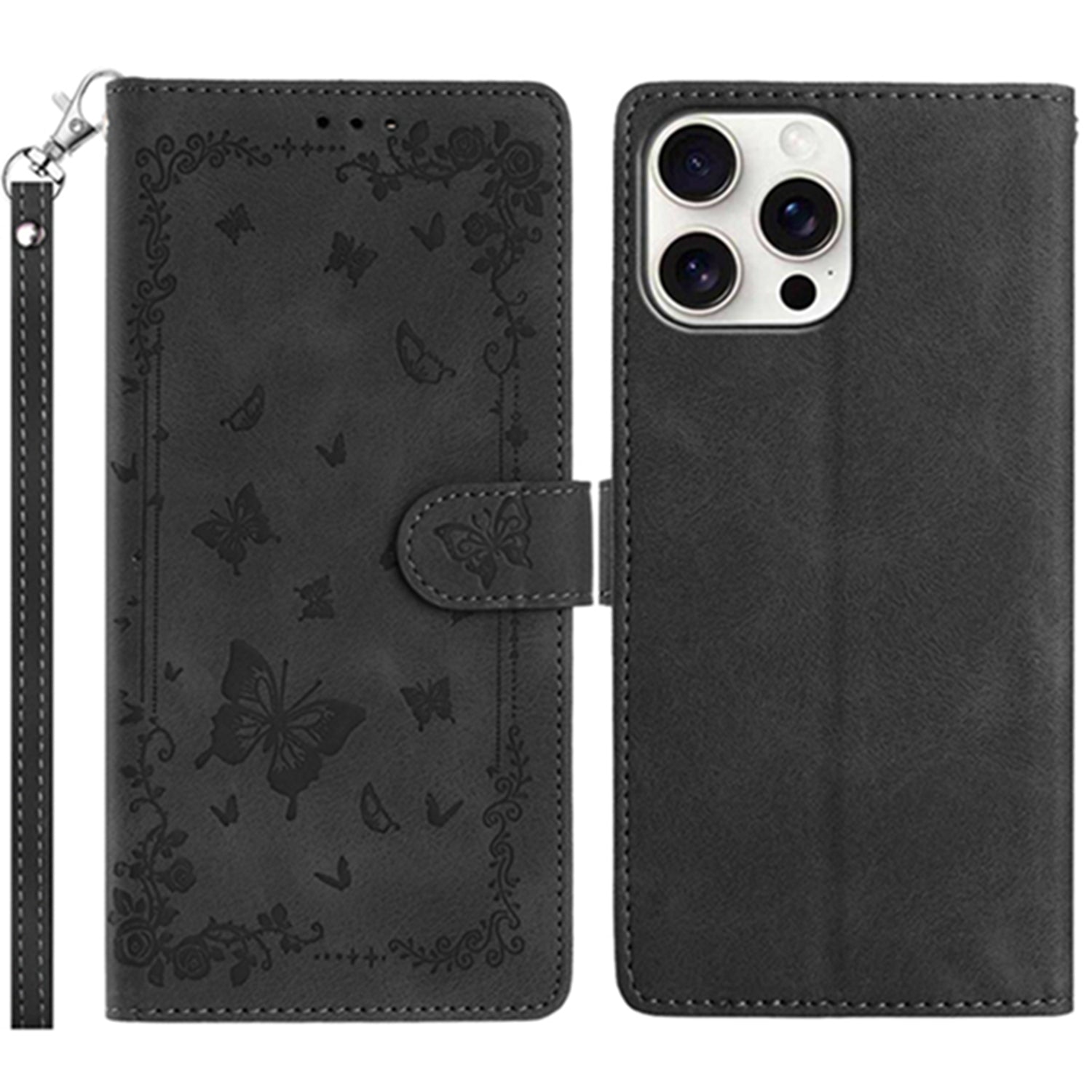 For iPhone 16 Pro Case Garden Imprinted PU Leather Wallet Phone Cover with Wrist Strap