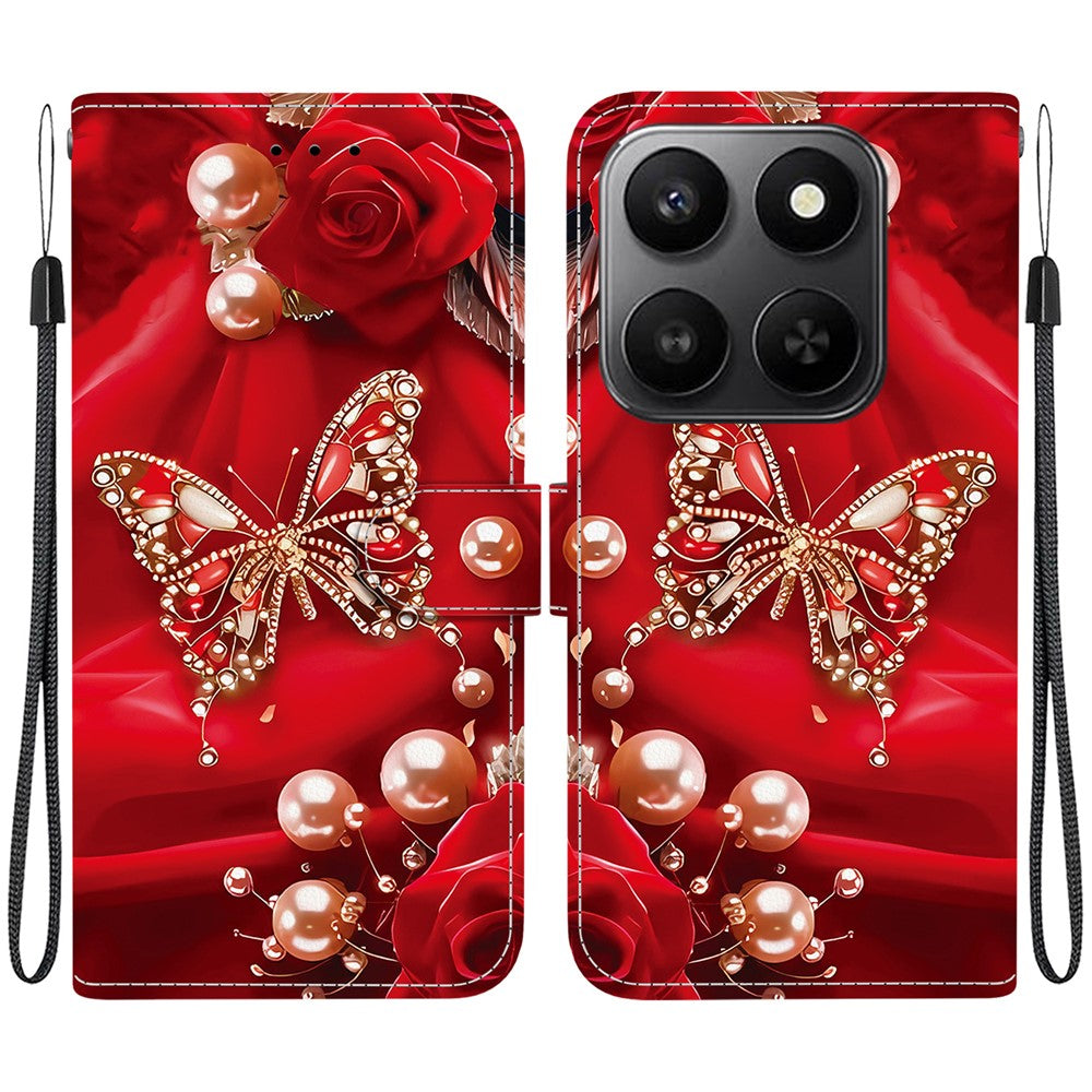 For Honor 400 Smart 5G / 4G / X7d 4G Leather Case Stand Wallet Pattern Printing Phone Cover with Wrist Strap