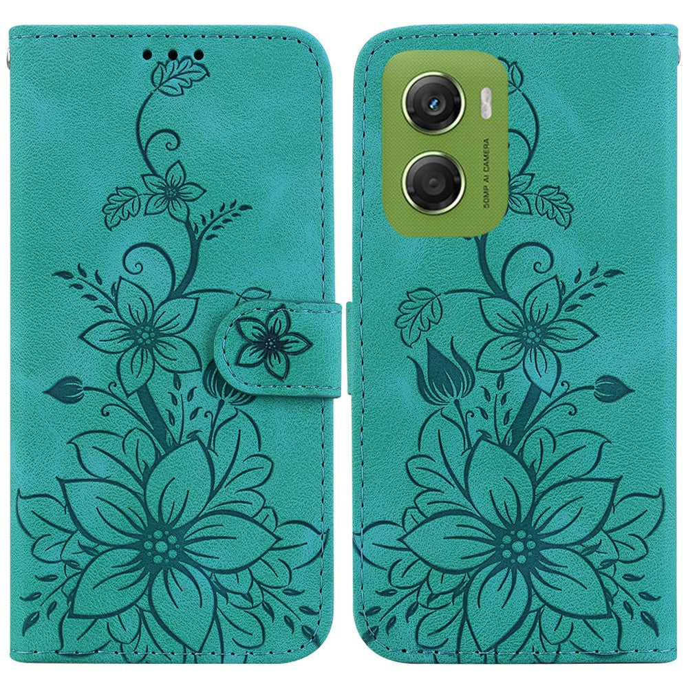 For Motorola Moto G06 4G Stand Case Lily Flower Imprint Leather Phone Cover with Wrist Strap