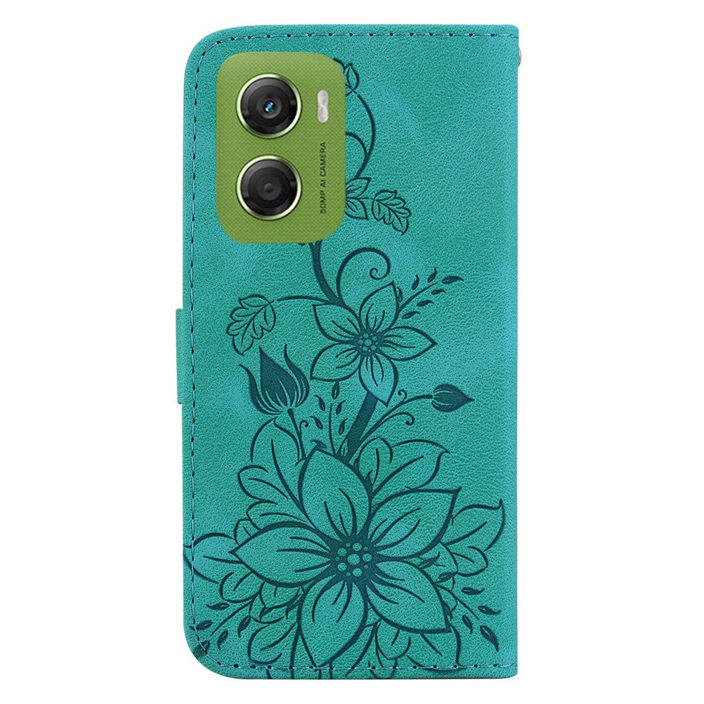 For Motorola Moto G06 4G Stand Case Lily Flower Imprint Leather Phone Cover with Wrist Strap