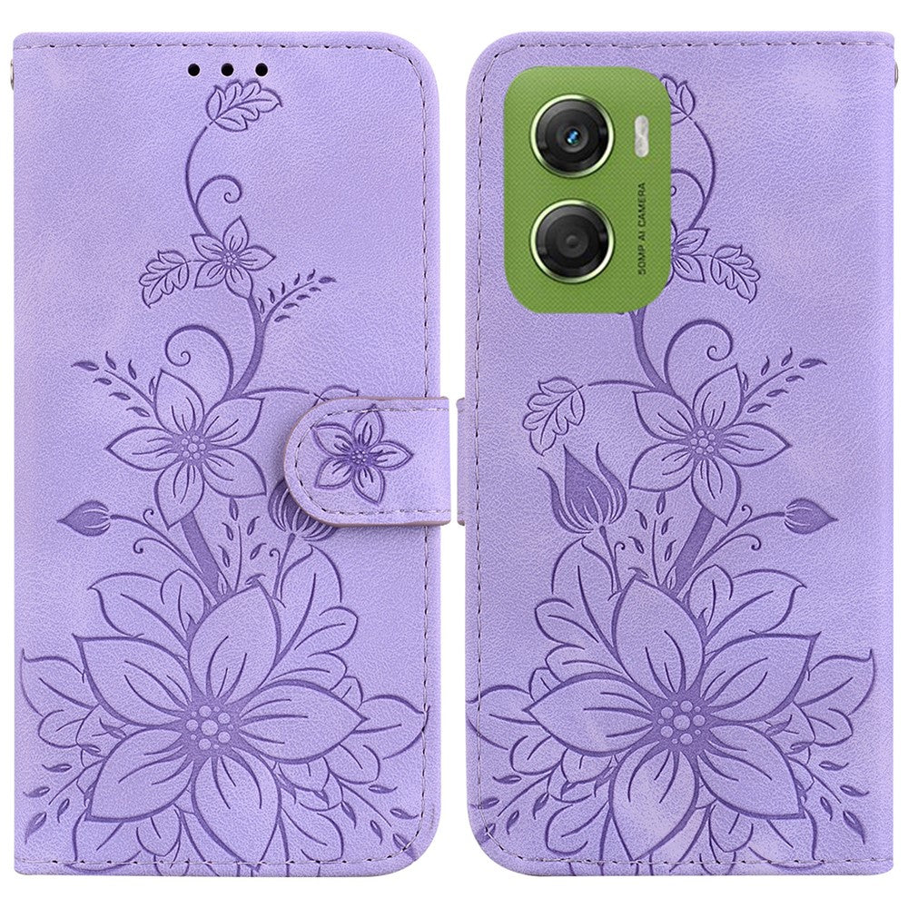 For Motorola Moto G06 4G Stand Case Lily Flower Imprint Leather Phone Cover with Wrist Strap