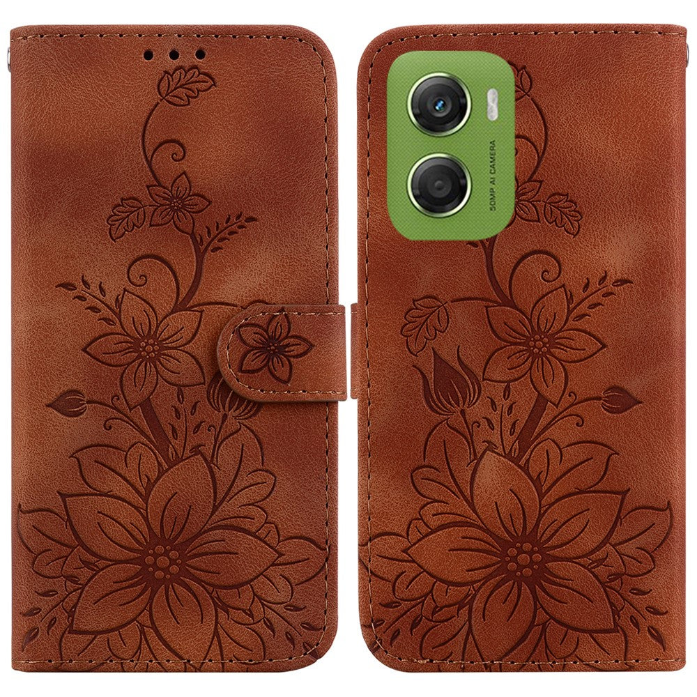 For Motorola Moto G06 4G Stand Case Lily Flower Imprint Leather Phone Cover with Wrist Strap