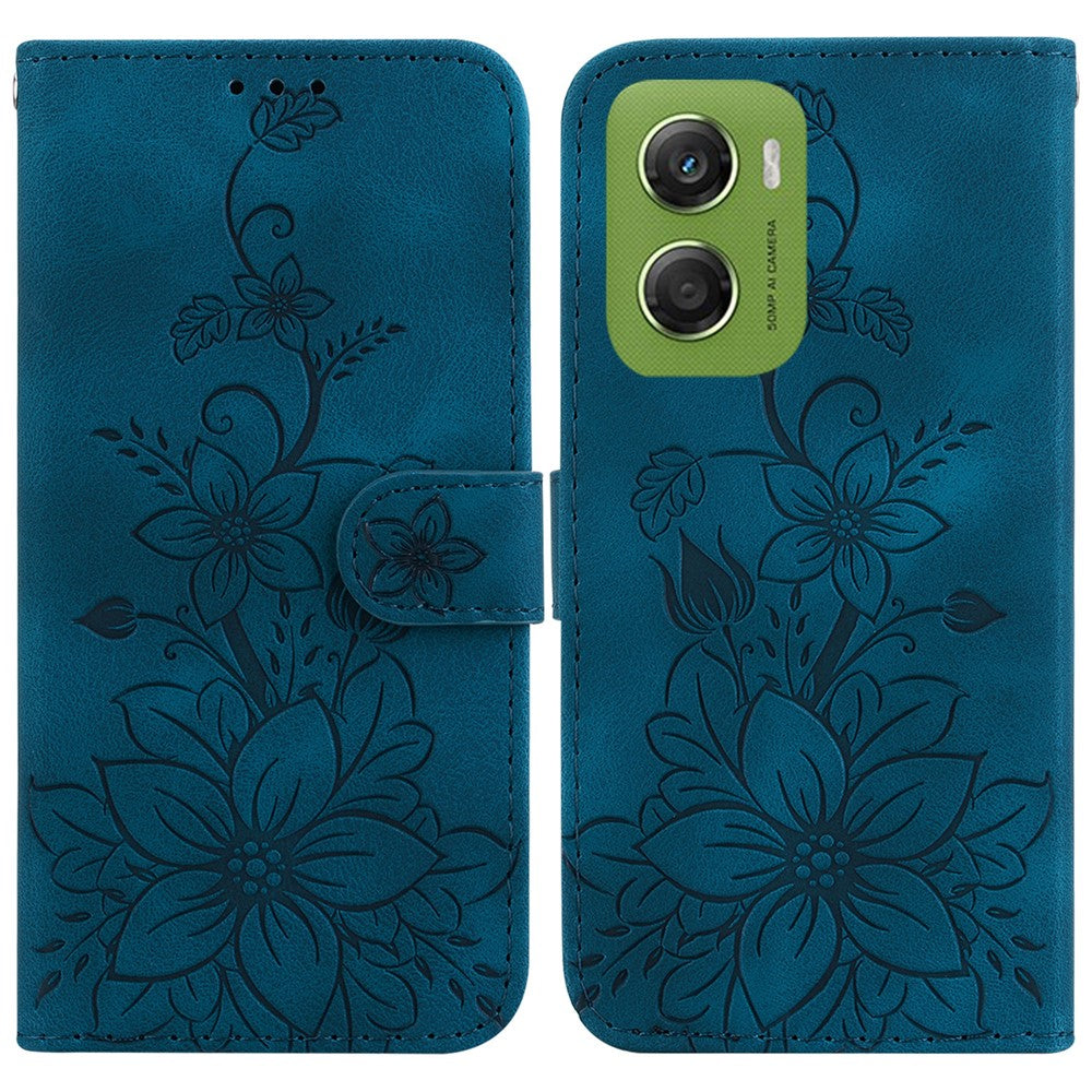 For Motorola Moto G06 4G Stand Case Lily Flower Imprint Leather Phone Cover with Wrist Strap