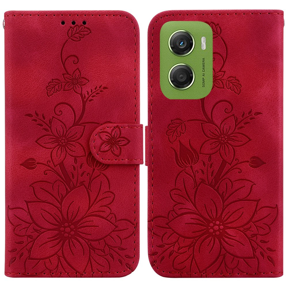 For Motorola Moto G06 4G Stand Case Lily Flower Imprint Leather Phone Cover with Wrist Strap