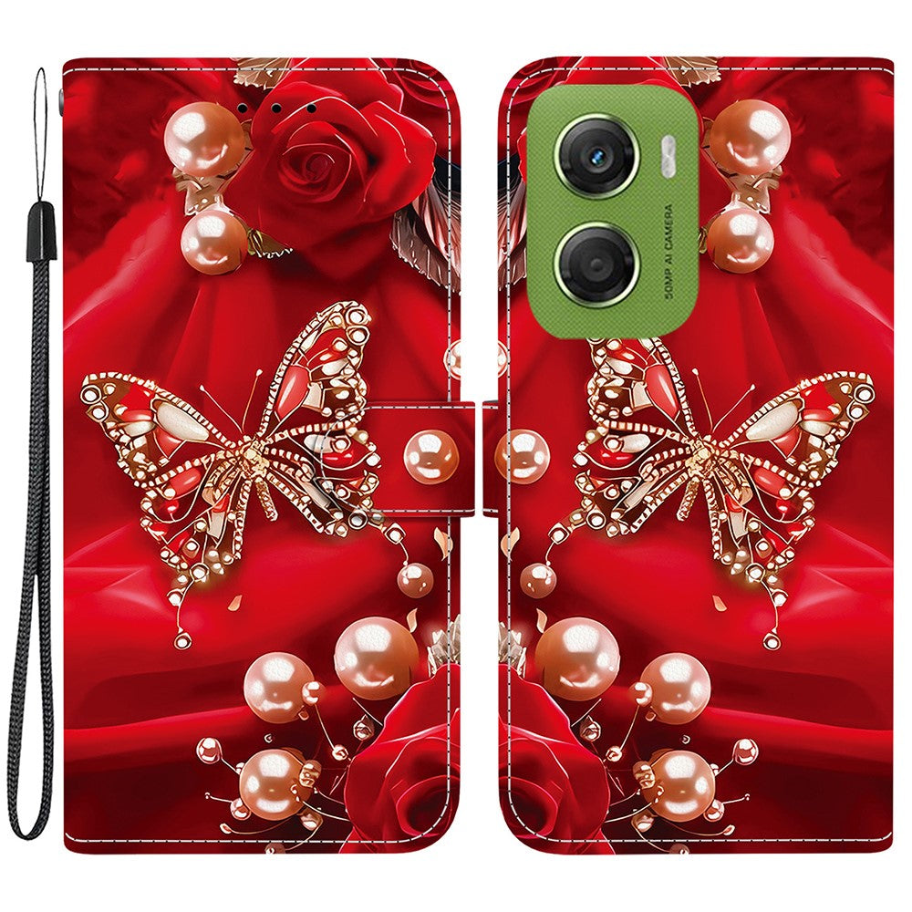 For Motorola Moto G06 4G Leather Case Stand Wallet Pattern Printing Phone Cover with Wrist Strap