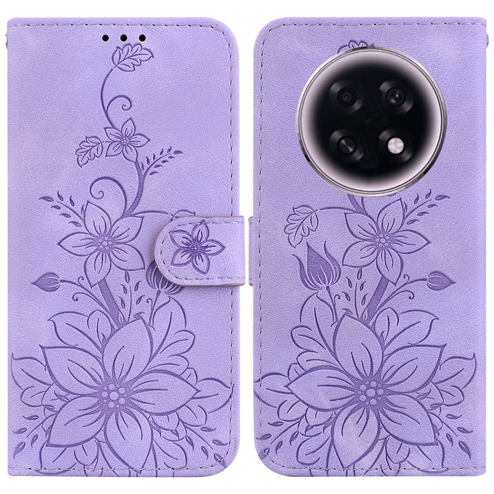 For Oppo F31 Pro+ 5G  /  A6 GT 5G Stand Case Lily Flower Imprint Leather Phone Cover with Wrist Strap