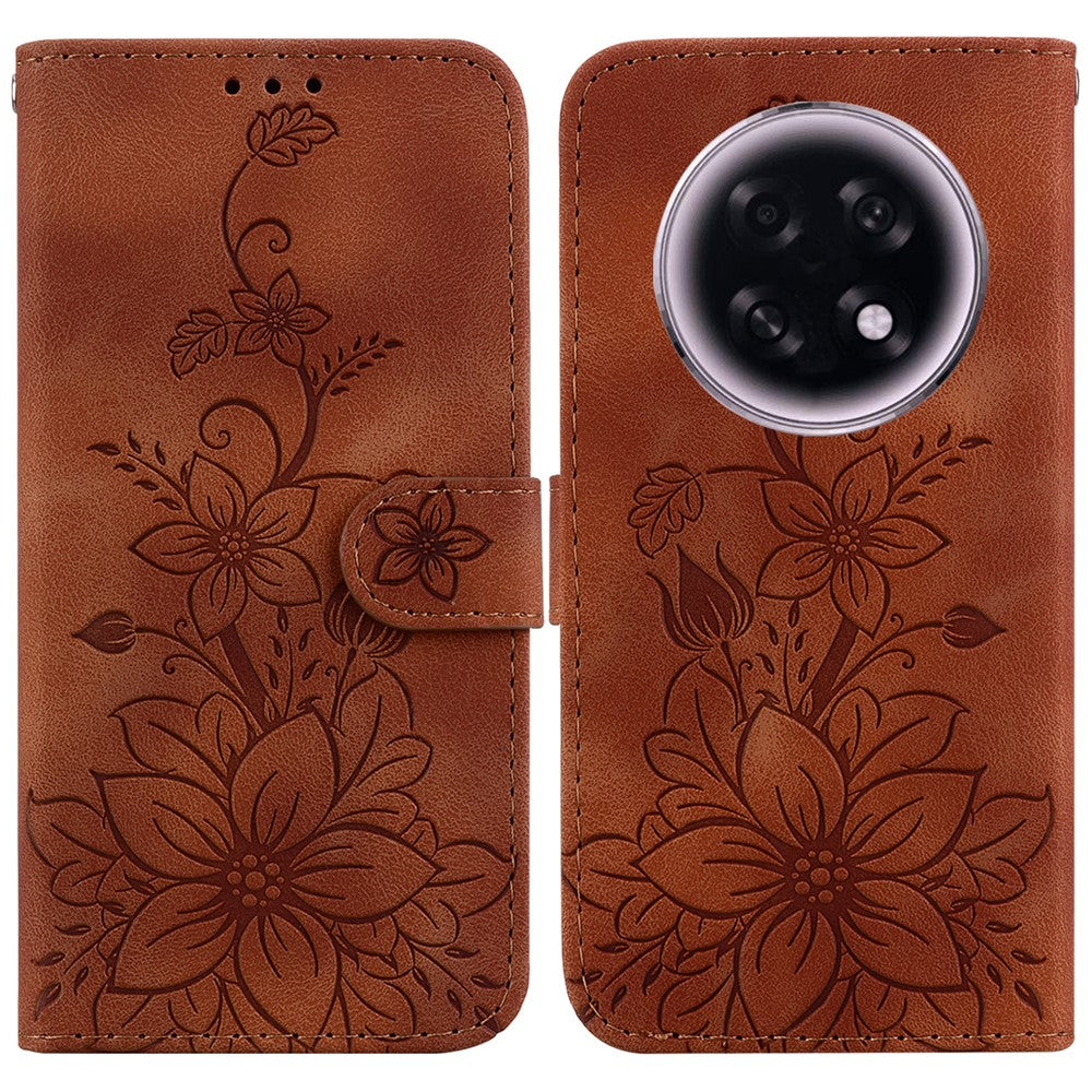 For Oppo F31 Pro+ 5G  /  A6 GT 5G Stand Case Lily Flower Imprint Leather Phone Cover with Wrist Strap