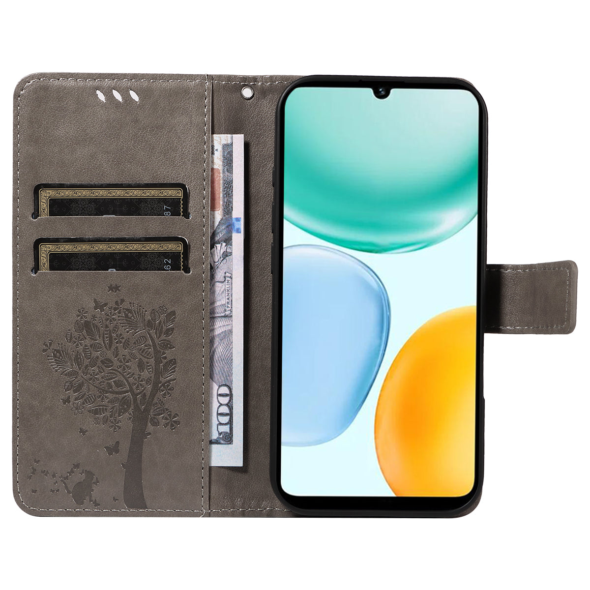 For Honor X5c Plus 4G Phone Case with Stand Cat Tree Pattern Leather Wallet Mobile Cover