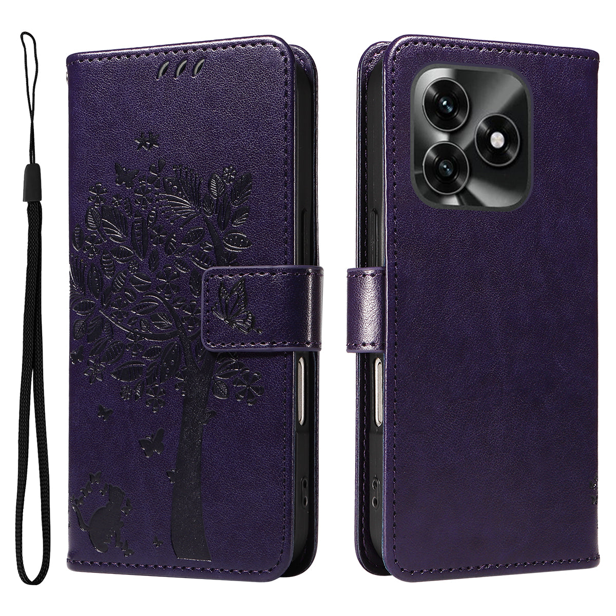 For Honor X5c Plus 4G Phone Case with Stand Cat Tree Pattern Leather Wallet Mobile Cover