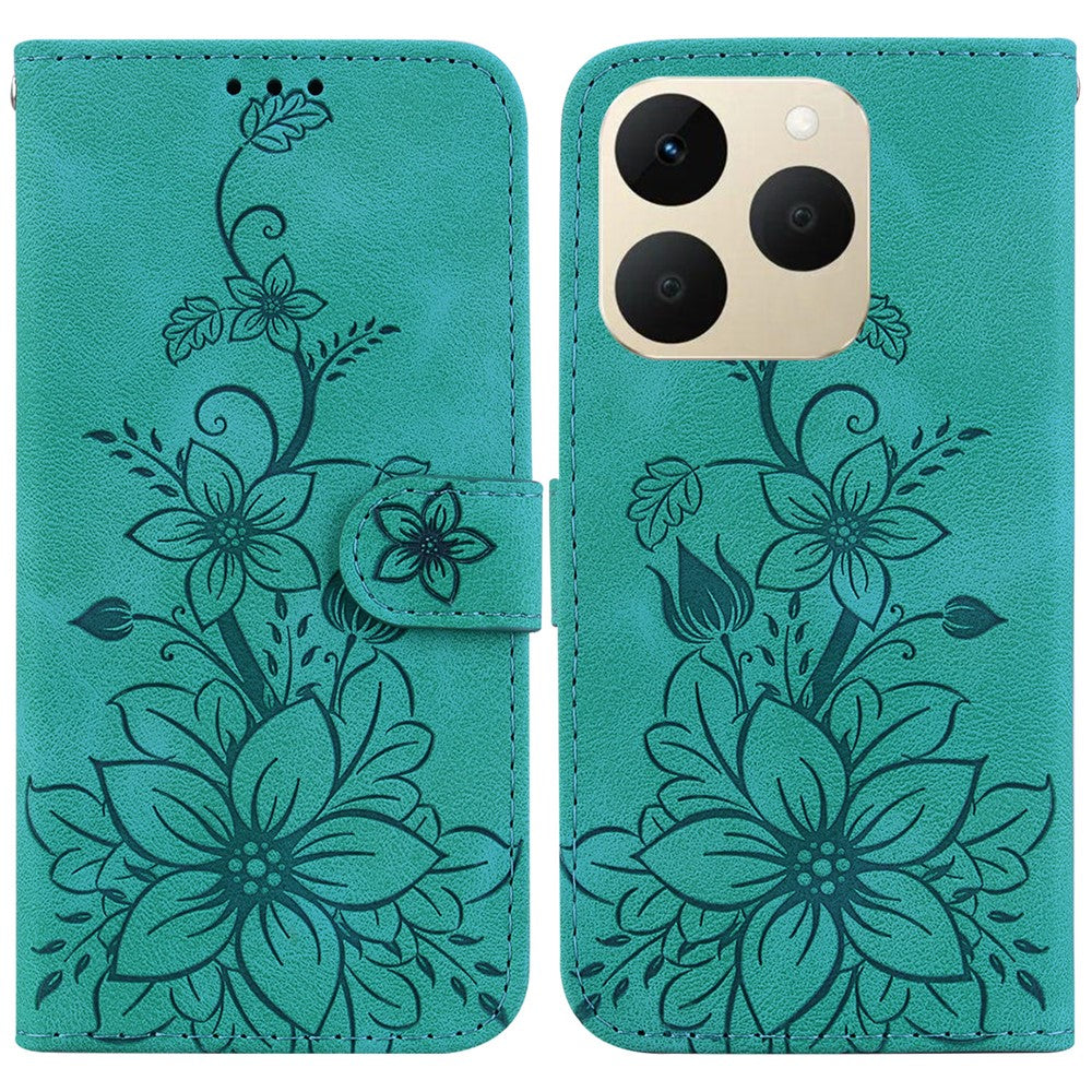 For Realme 15T 5G Stand Case Lily Flower Imprint Leather Phone Cover with Wrist Strap