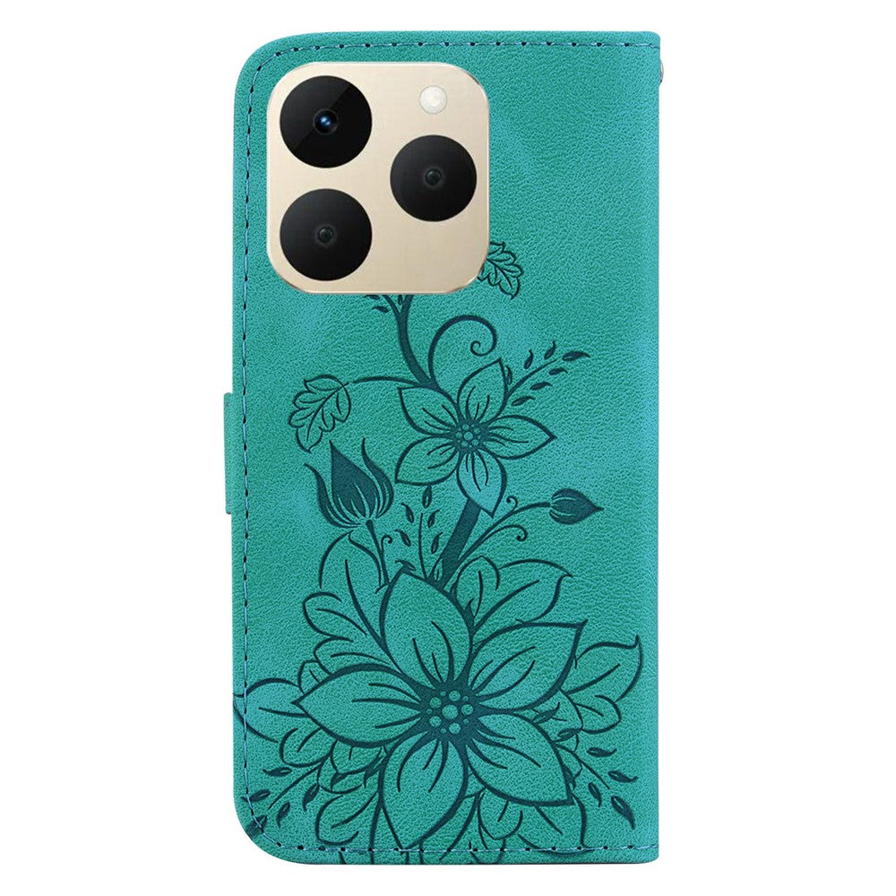 For Realme 15T 5G Stand Case Lily Flower Imprint Leather Phone Cover with Wrist Strap
