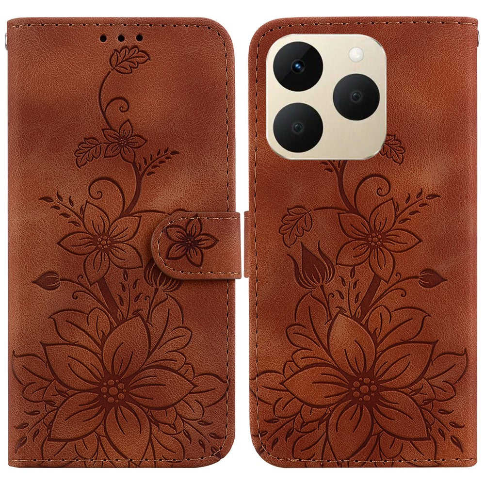 For Realme 15T 5G Stand Case Lily Flower Imprint Leather Phone Cover with Wrist Strap