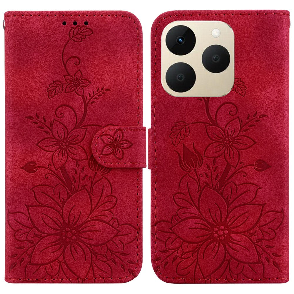 For Realme 15T 5G Stand Case Lily Flower Imprint Leather Phone Cover with Wrist Strap