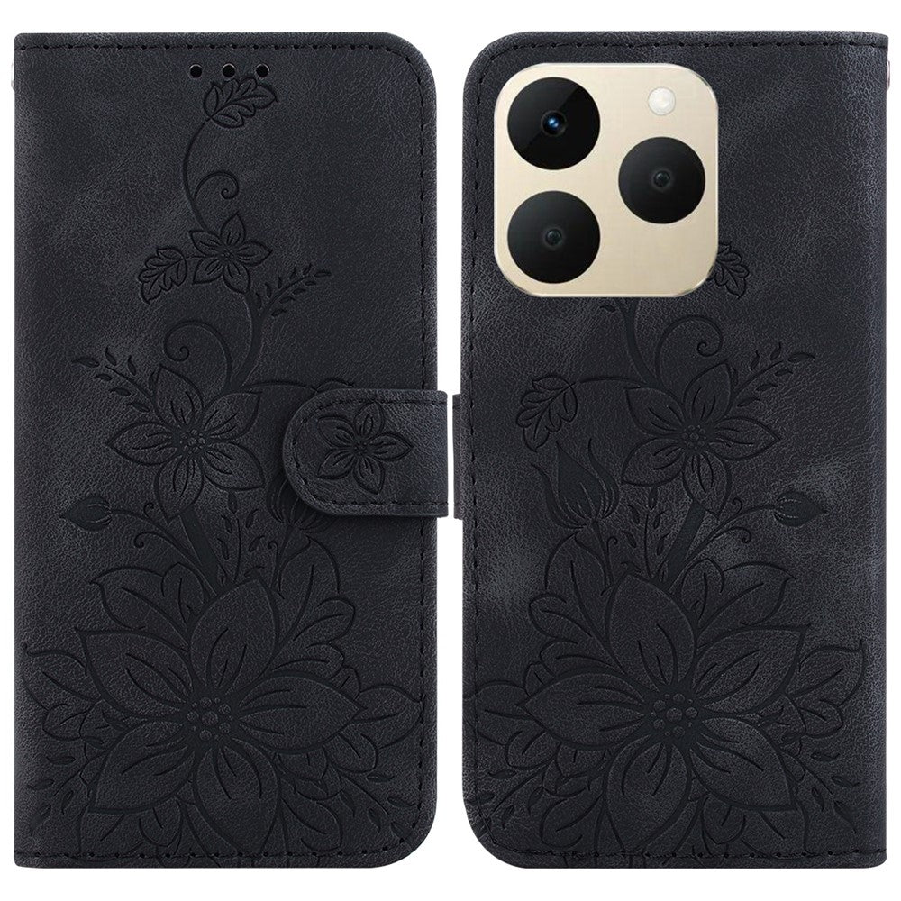 For Realme 15T 5G Stand Case Lily Flower Imprint Leather Phone Cover with Wrist Strap