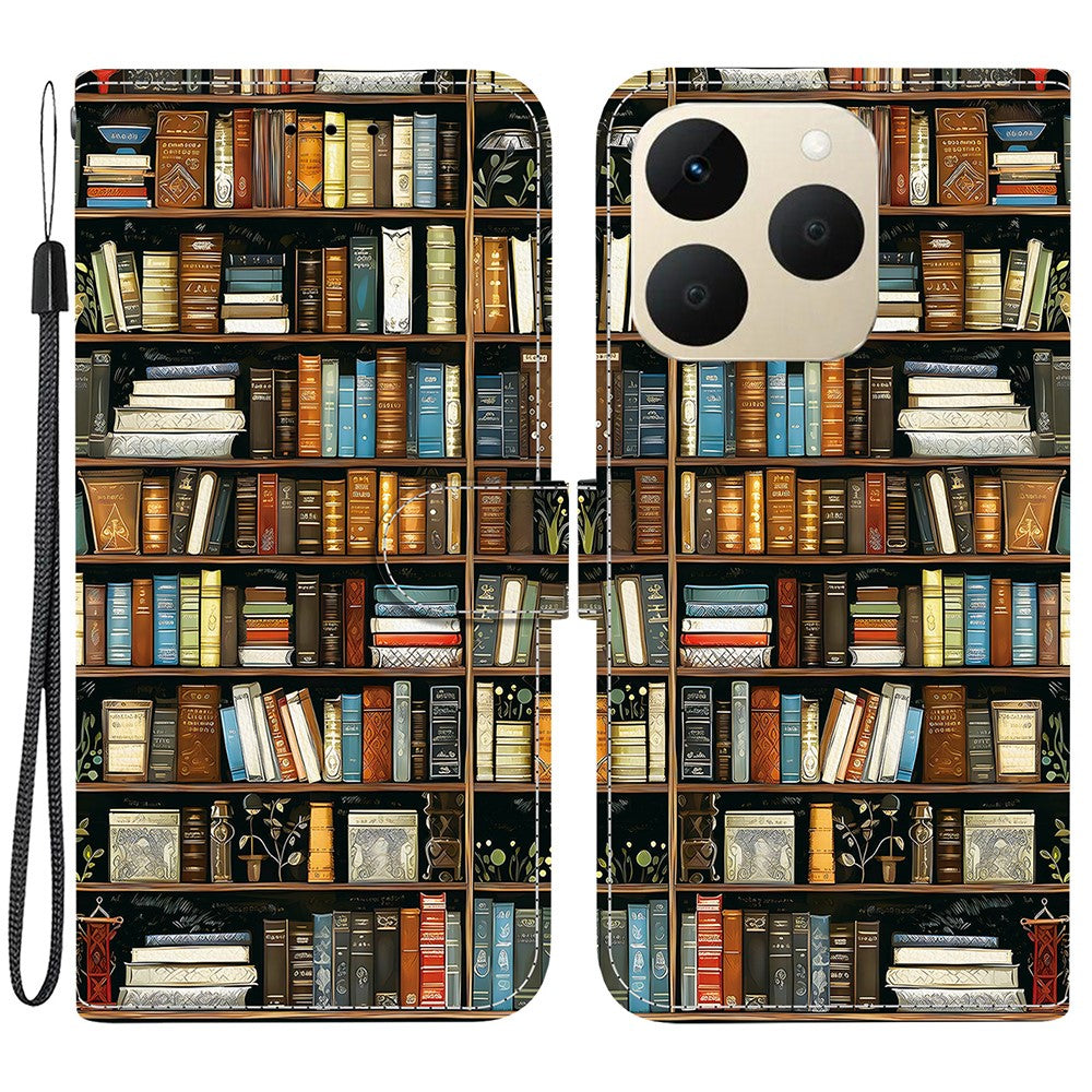 For Realme 15T 5G Leather Case Stand Wallet Pattern Printing Phone Cover with Wrist Strap