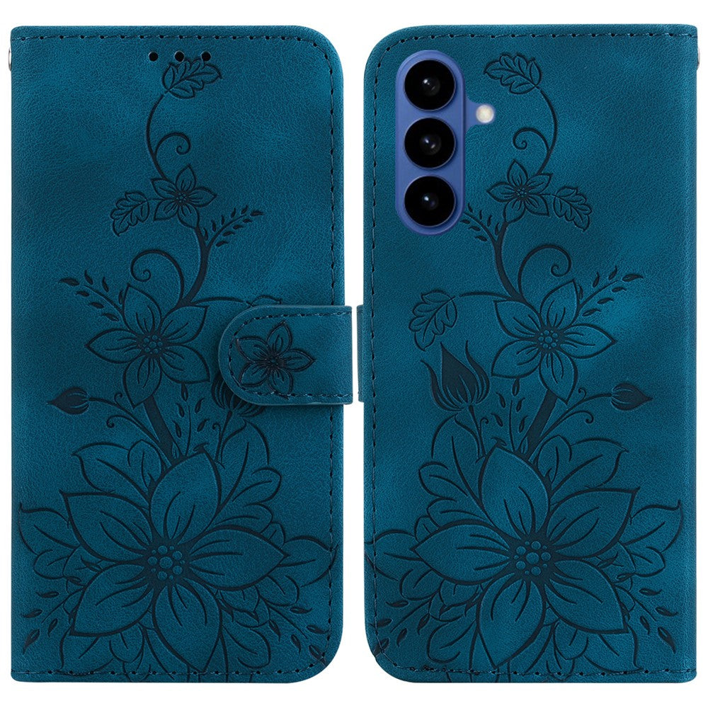 For Samsung Galaxy S26 / S26 Pro Stand Case Lily Flower Imprint Leather Phone Cover with Wrist Strap