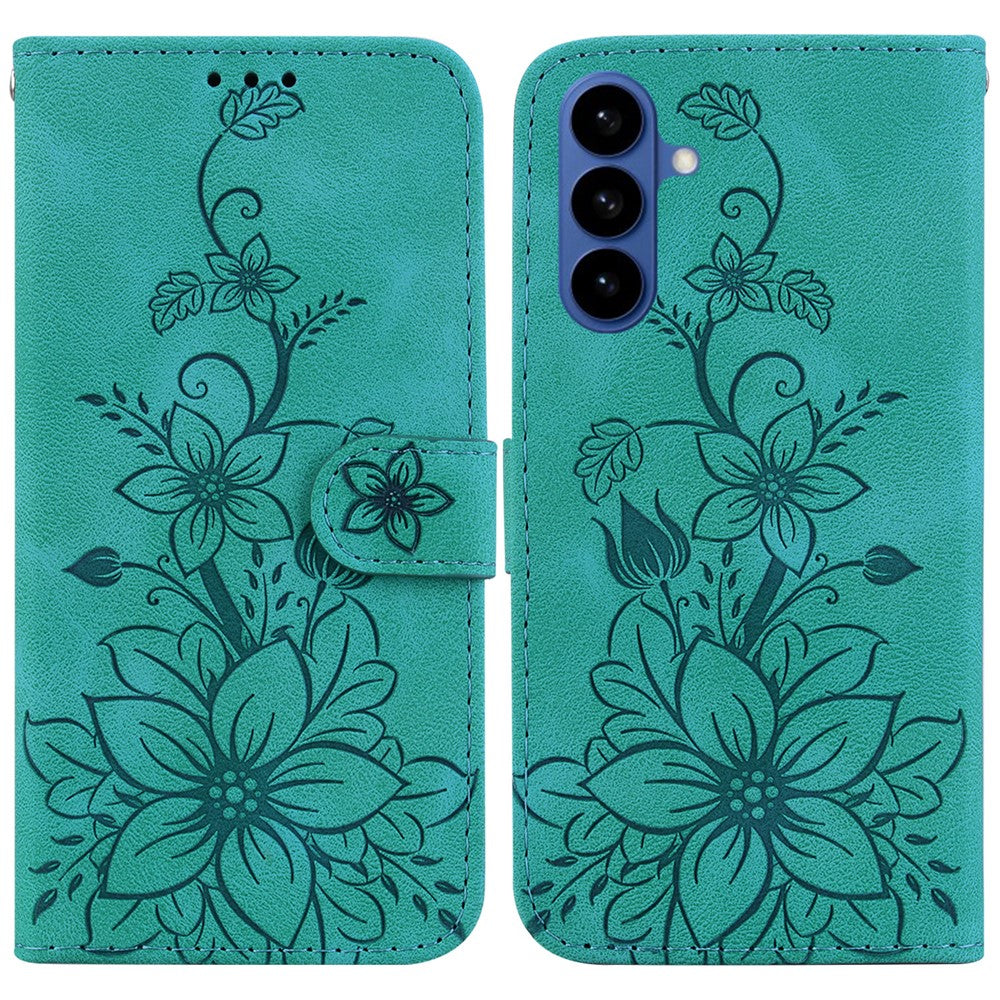 For Samsung Galaxy S26 / S26 Pro Stand Case Lily Flower Imprint Leather Phone Cover with Wrist Strap