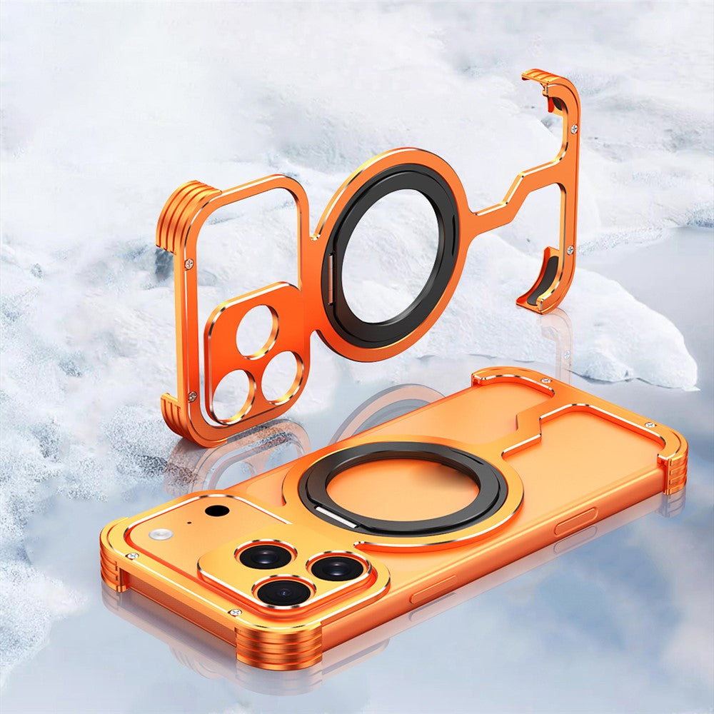 For iPhone 17 Pro Metal Case Rotating Kickstand Heat Dissipation Frameless Phone Bumper Cover with Lens Protector