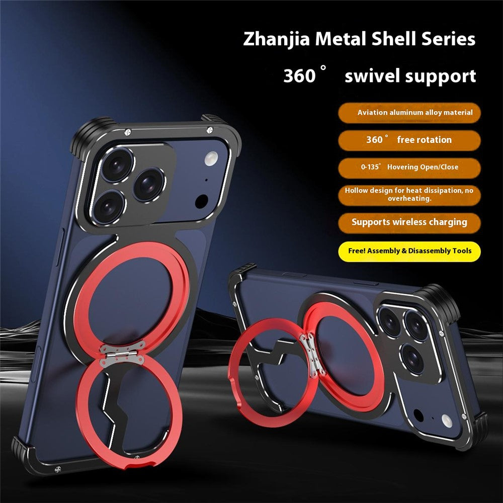 For iPhone 17 Pro Metal Case Rotating Kickstand Heat Dissipation Frameless Phone Bumper Cover with Lens Protector