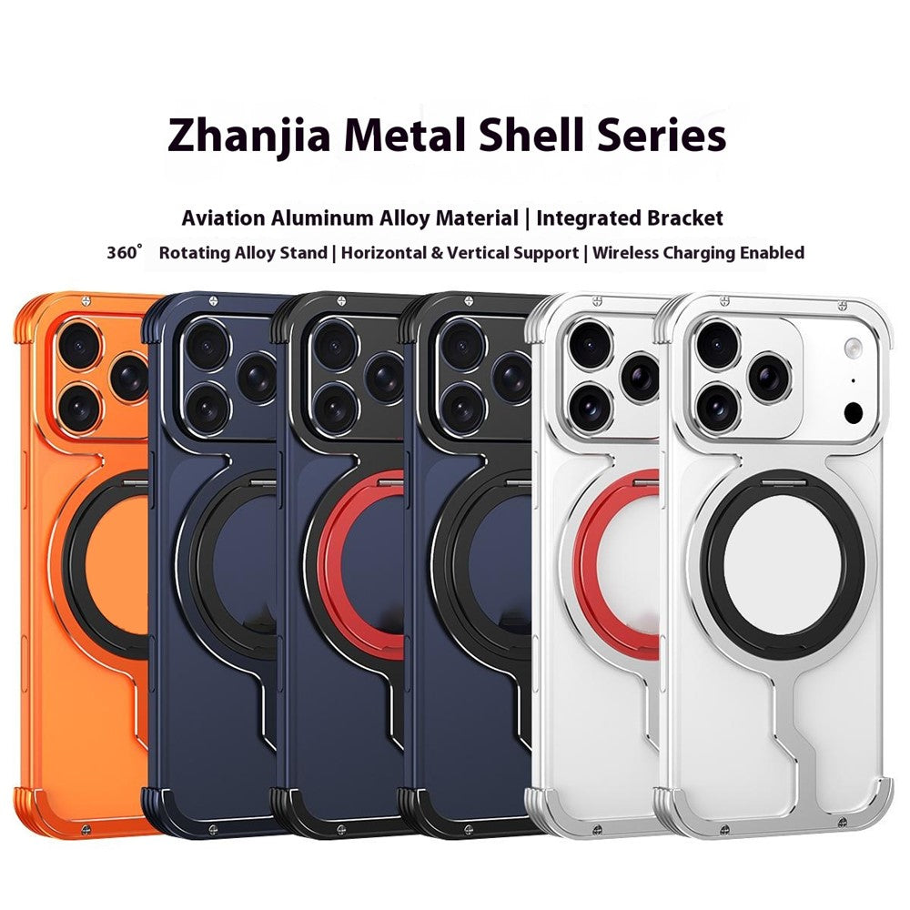 For iPhone 17 Pro Metal Case Rotating Kickstand Heat Dissipation Frameless Phone Bumper Cover with Lens Protector