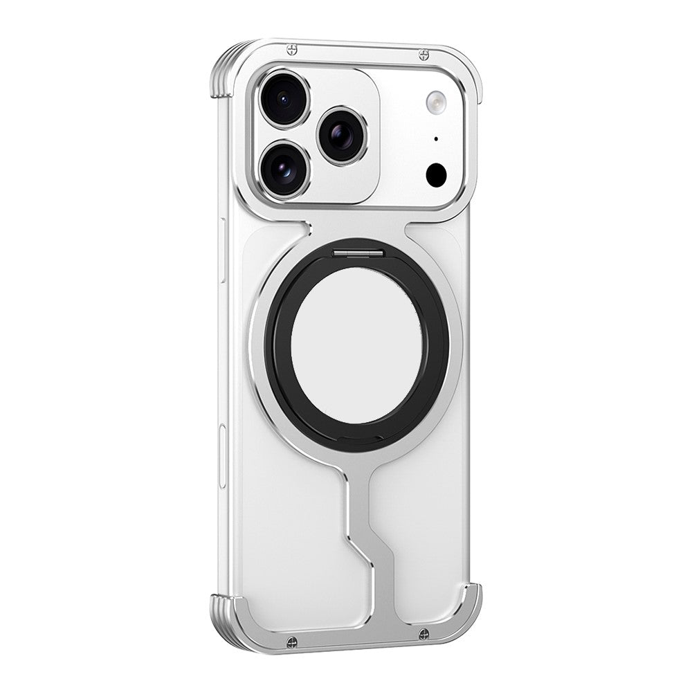 For iPhone 17 Pro Metal Case Rotating Kickstand Heat Dissipation Frameless Phone Bumper Cover with Lens Protector