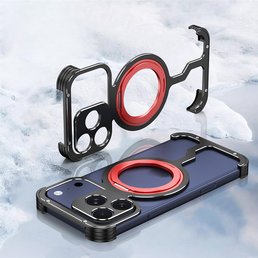 For iPhone 17 Pro Max Metal Case Rotating Kickstand Heat Dissipation Frameless Phone Bumper Cover with Lens Protector