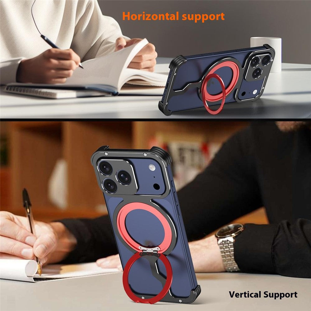 For iPhone 17 Pro Max Metal Case Rotating Kickstand Heat Dissipation Frameless Phone Bumper Cover with Lens Protector