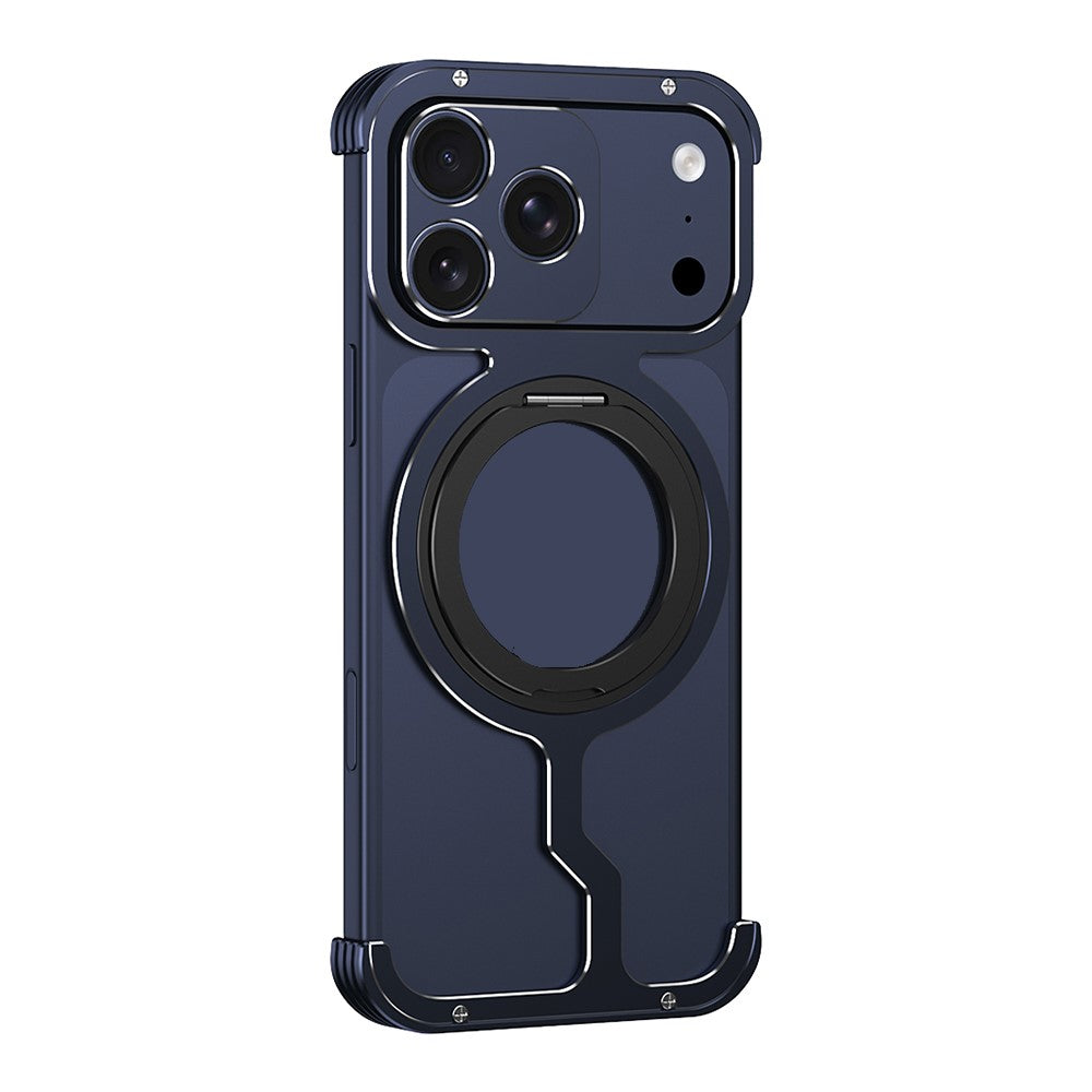 For iPhone 17 Pro Max Metal Case Rotating Kickstand Heat Dissipation Frameless Phone Bumper Cover with Lens Protector