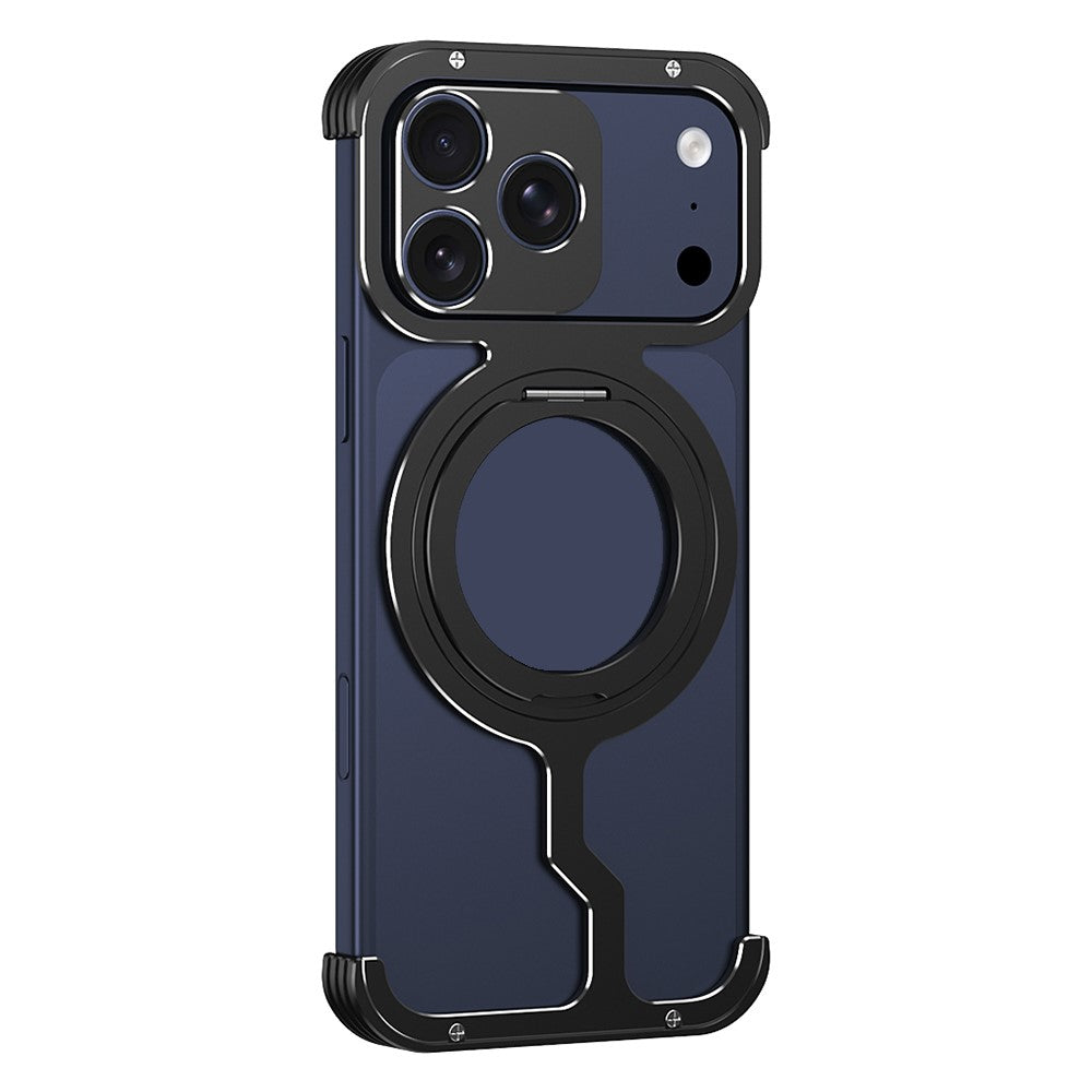 For iPhone 17 Pro Max Metal Case Rotating Kickstand Heat Dissipation Frameless Phone Bumper Cover with Lens Protector