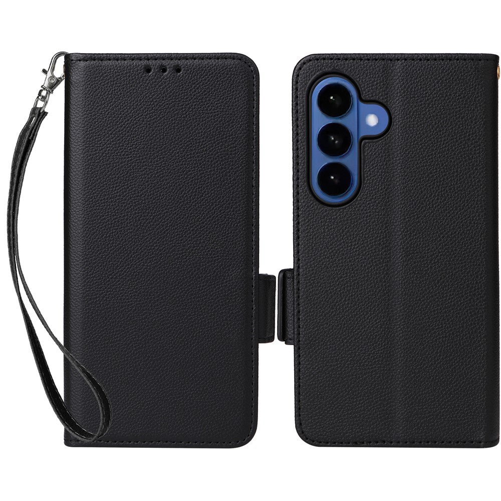 For Samsung Galaxy S26 / S26 Pro Case Litchi Texture Wallet Leather Phone Cover with Wrist Strap
