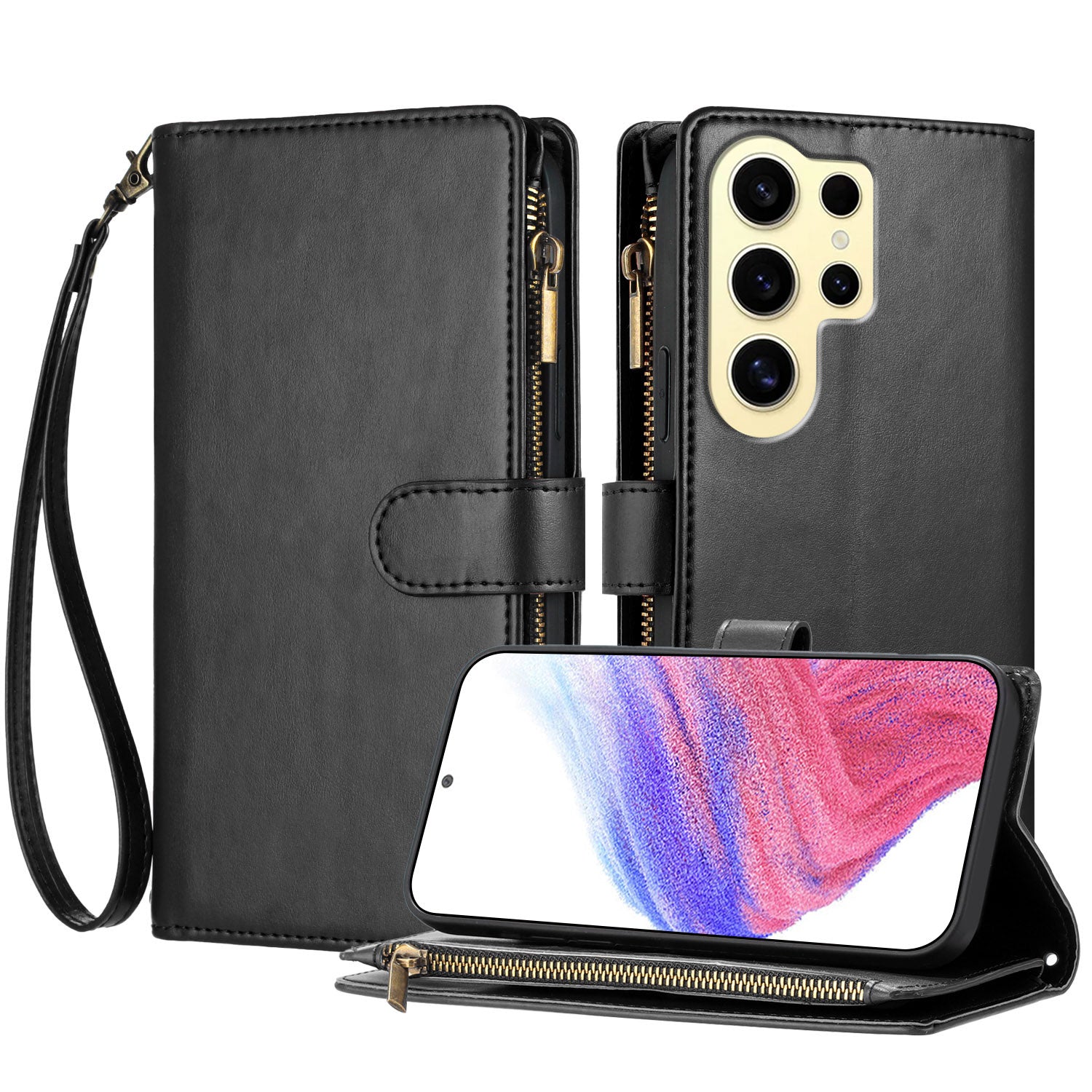 For Samsung Galaxy S24 Ultra Leather Case Zipper Wallet Stand Shockproof Phone Cover with Wrist Strap