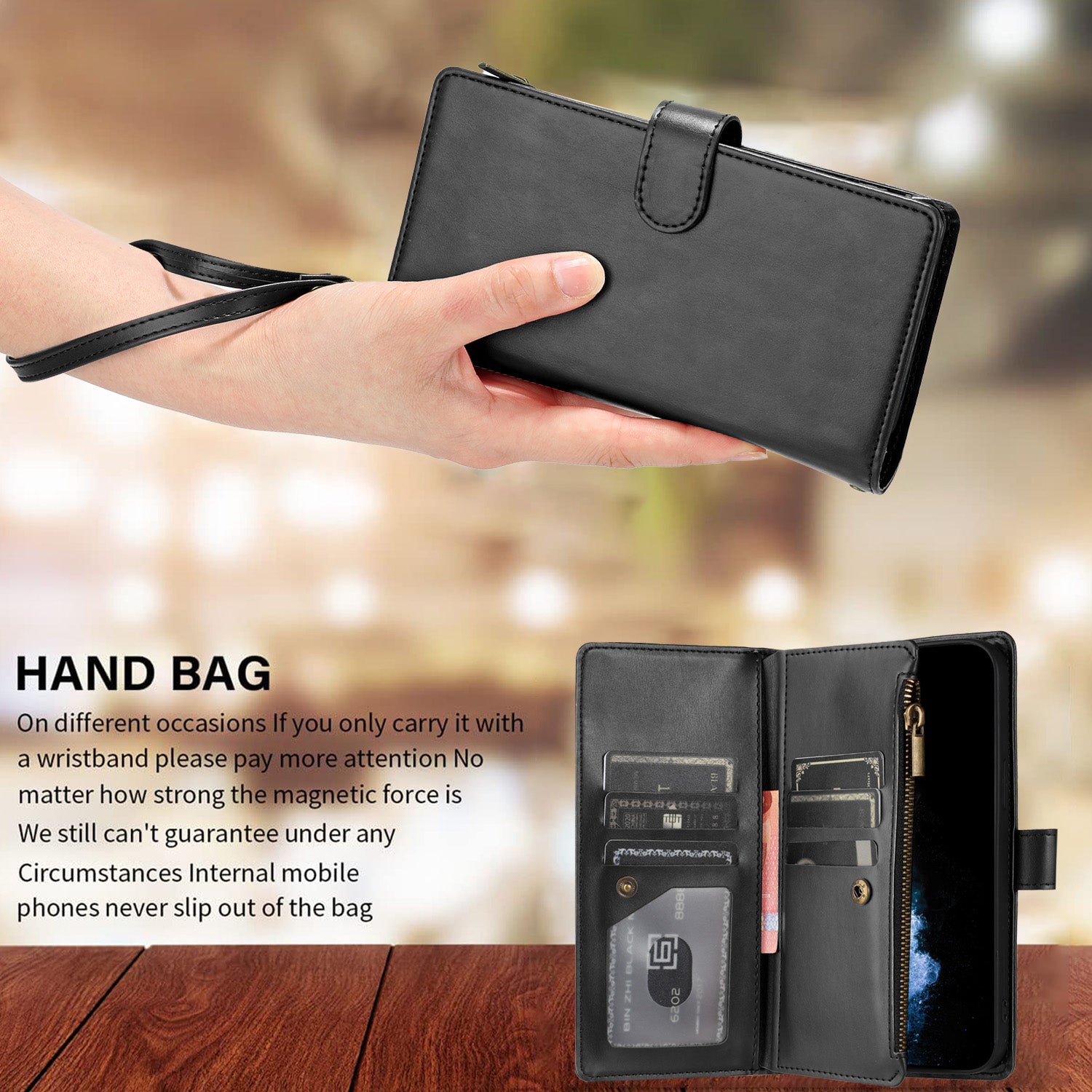 For Samsung Galaxy S24 Ultra Leather Case Zipper Wallet Stand Shockproof Phone Cover with Wrist Strap