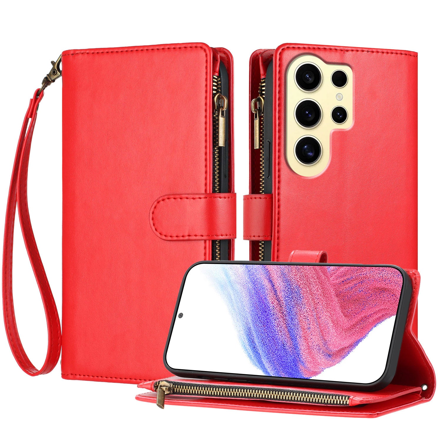 For Samsung Galaxy S24 Ultra Leather Case Zipper Wallet Stand Shockproof Phone Cover with Wrist Strap