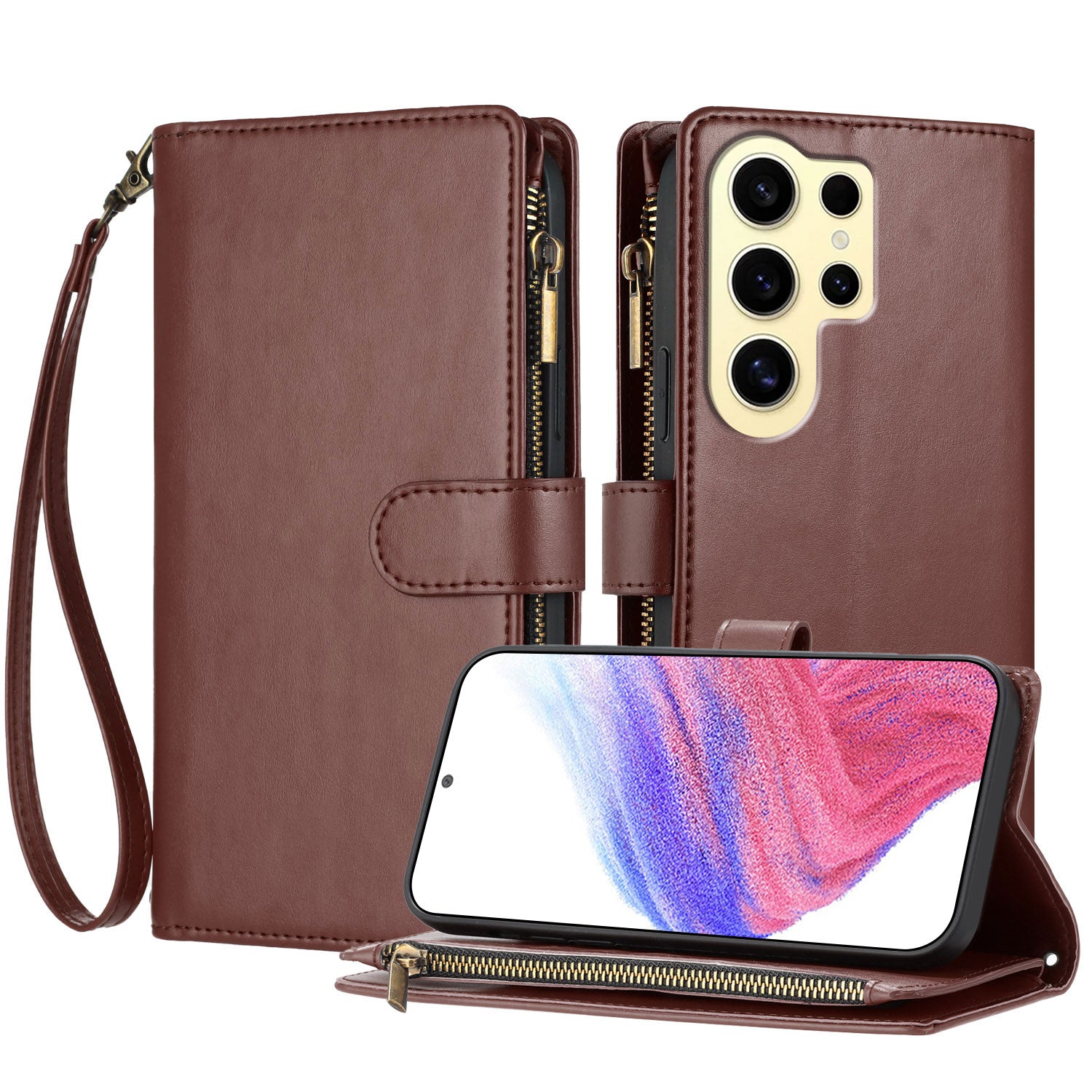 For Samsung Galaxy S24 Ultra Leather Case Zipper Wallet Stand Shockproof Phone Cover with Wrist Strap