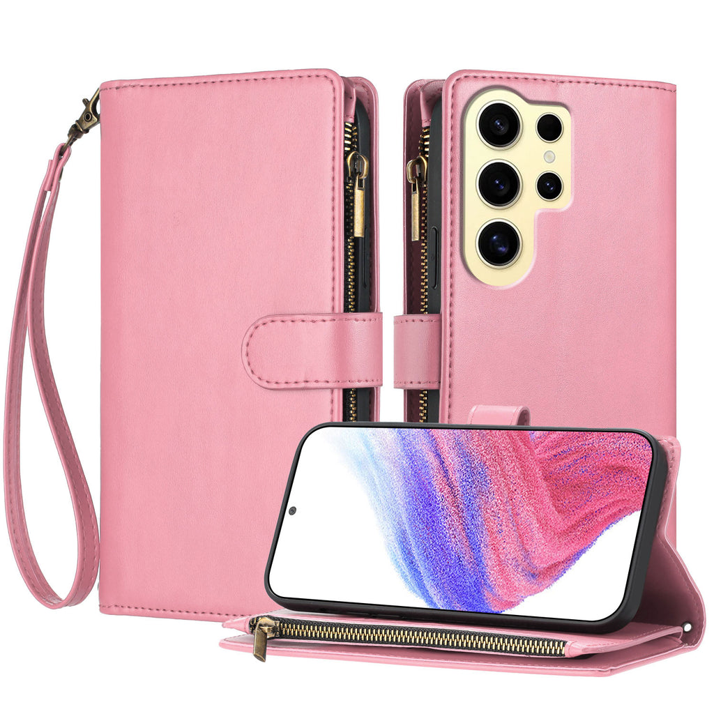 For Samsung Galaxy S24 Ultra Leather Case Zipper Wallet Stand Shockproof Phone Cover with Wrist Strap