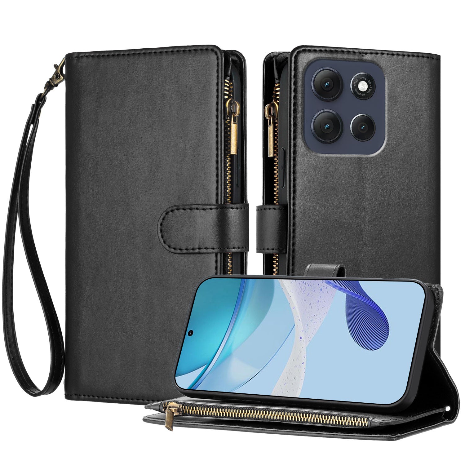 For Motorola Moto G (2026) 5G Leather Case Zipper Wallet Stand Shockproof Phone Cover with Wrist Strap