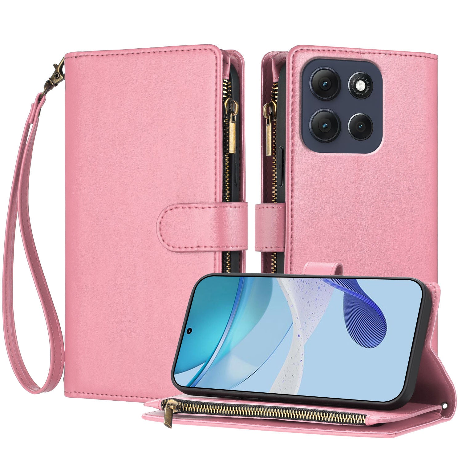 For Motorola Moto G (2026) 5G Leather Case Zipper Wallet Stand Shockproof Phone Cover with Wrist Strap