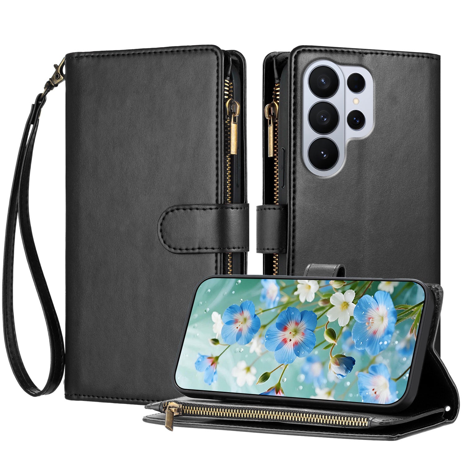 For Samsung Galaxy S26 Ultra Leather Case Zipper Wallet Stand Shockproof Phone Cover with Wrist Strap