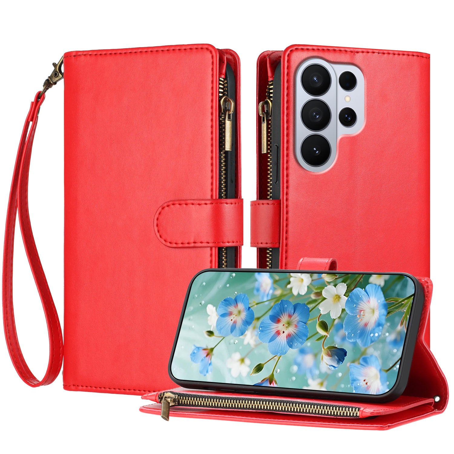 For Samsung Galaxy S26 Ultra Leather Case Zipper Wallet Stand Shockproof Phone Cover with Wrist Strap