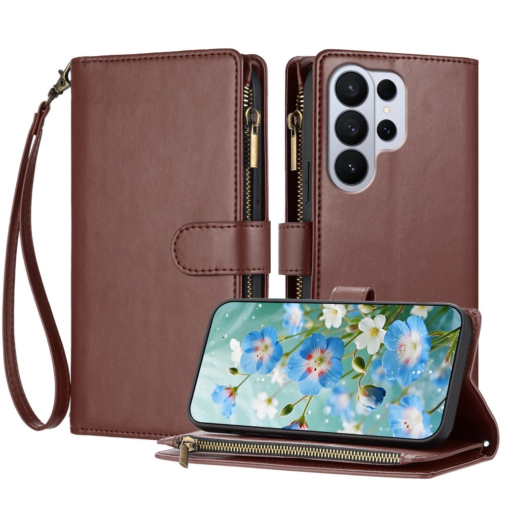 For Samsung Galaxy S26 Ultra Leather Case Zipper Wallet Stand Shockproof Phone Cover with Wrist Strap