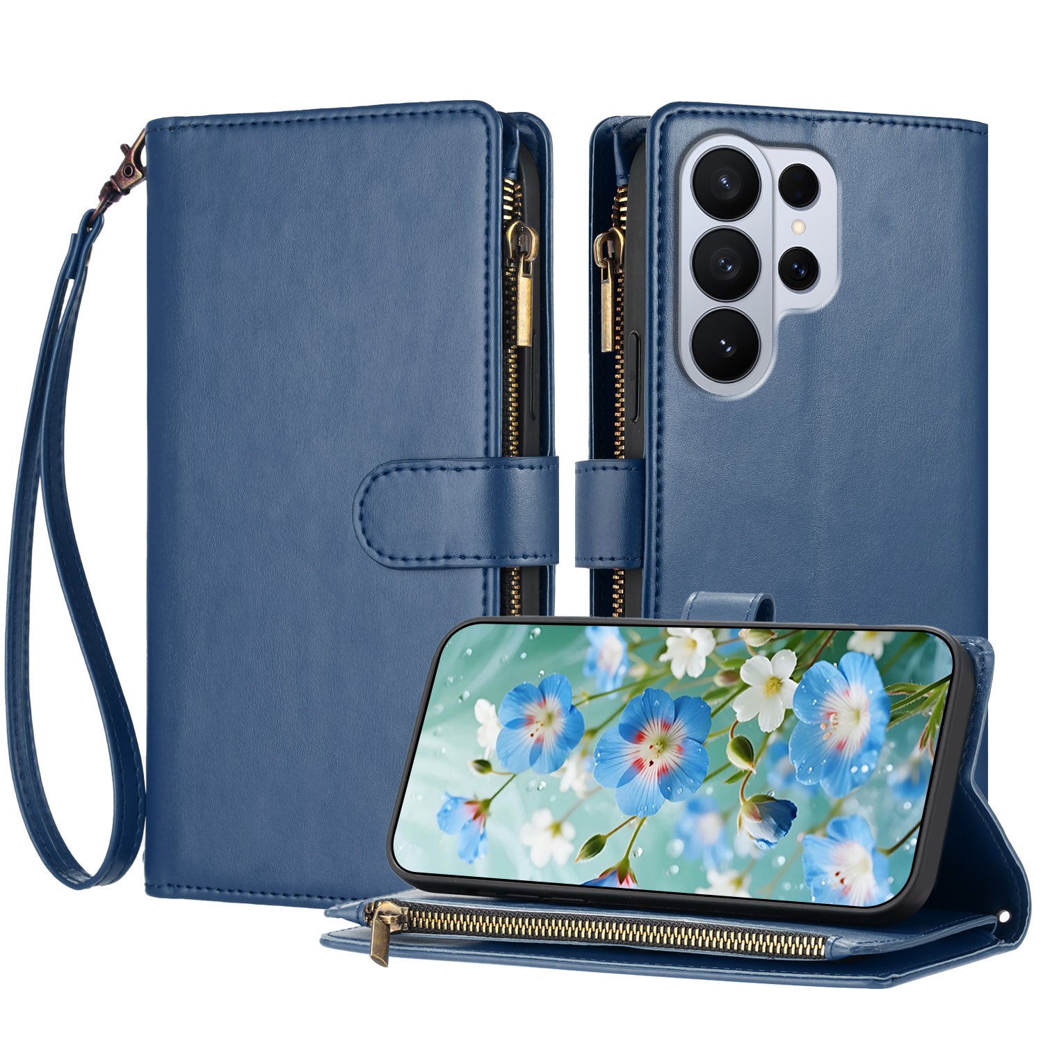 For Samsung Galaxy S26 Ultra Leather Case Zipper Wallet Stand Shockproof Phone Cover with Wrist Strap