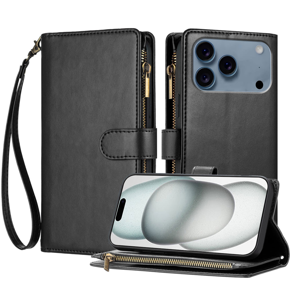 For iPhone 17 Pro Leather Case Zipper Wallet Stand Shockproof Phone Cover with Wrist Strap