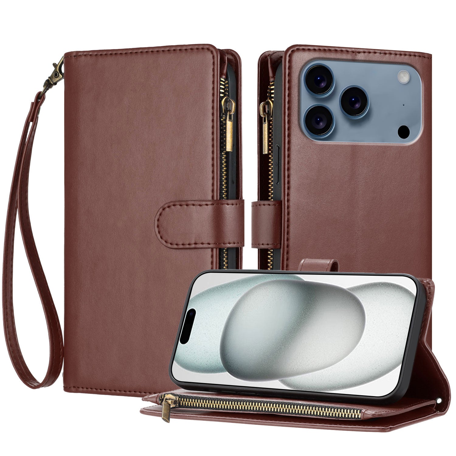 Étui portefeuille en cuir pour iPhone 17 Pro avec fermeture éclair, support et dragonne. Protection antichoc.