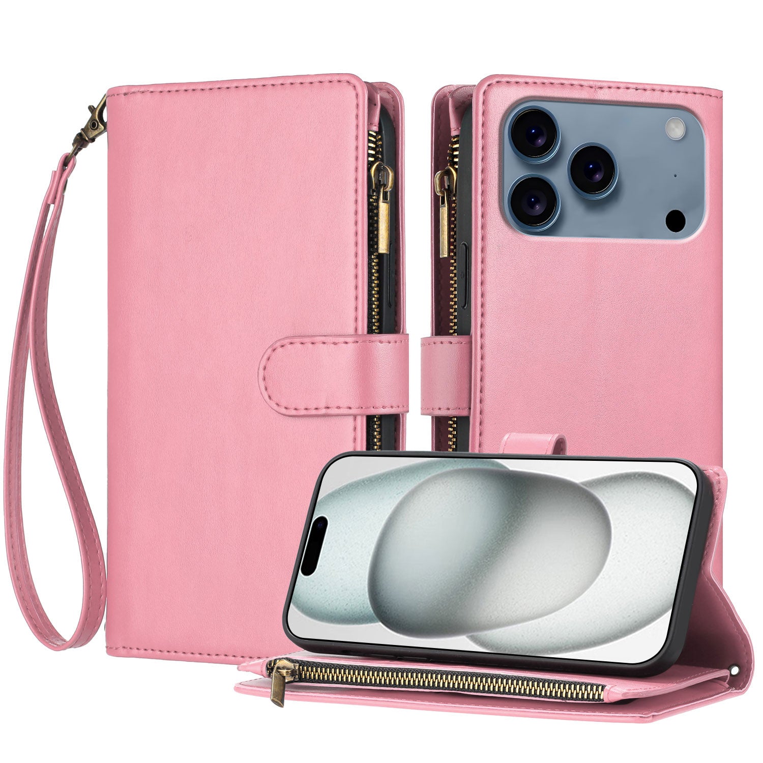 Étui portefeuille en cuir pour iPhone 17 Pro avec fermeture éclair, support et dragonne. Protection antichoc.