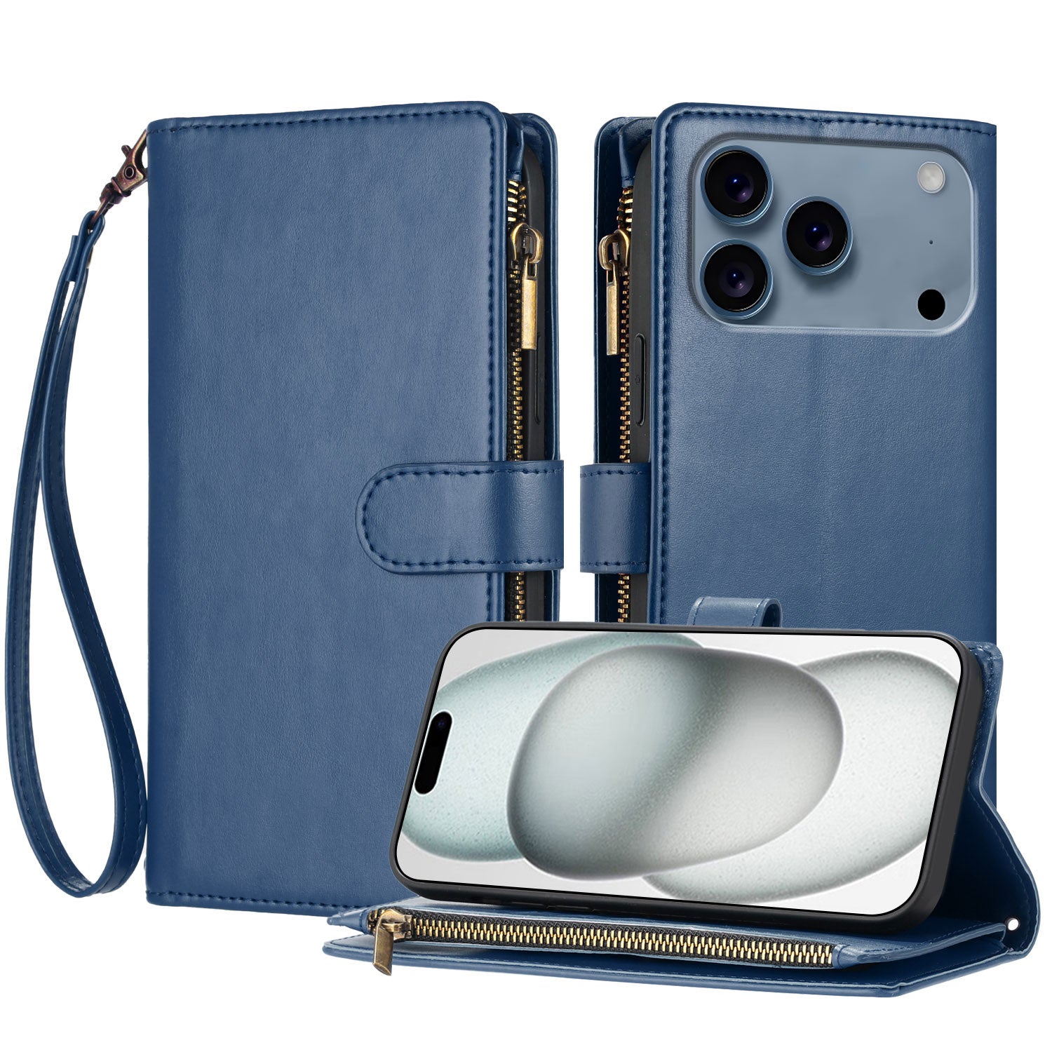 Étui portefeuille en cuir pour iPhone 17 Pro avec fermeture éclair, support et dragonne. Protection antichoc.