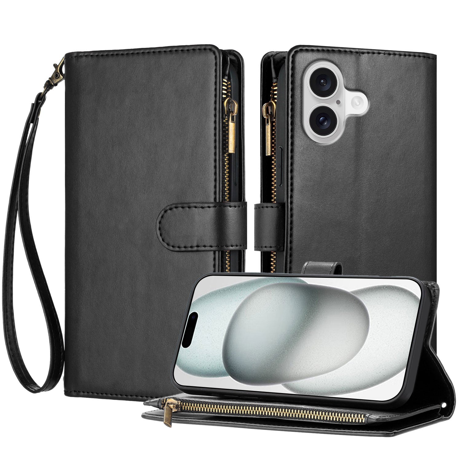 Étui portefeuille en cuir pour iPhone 17 avec fermeture éclair, support et dragonne. Protection antichoc.