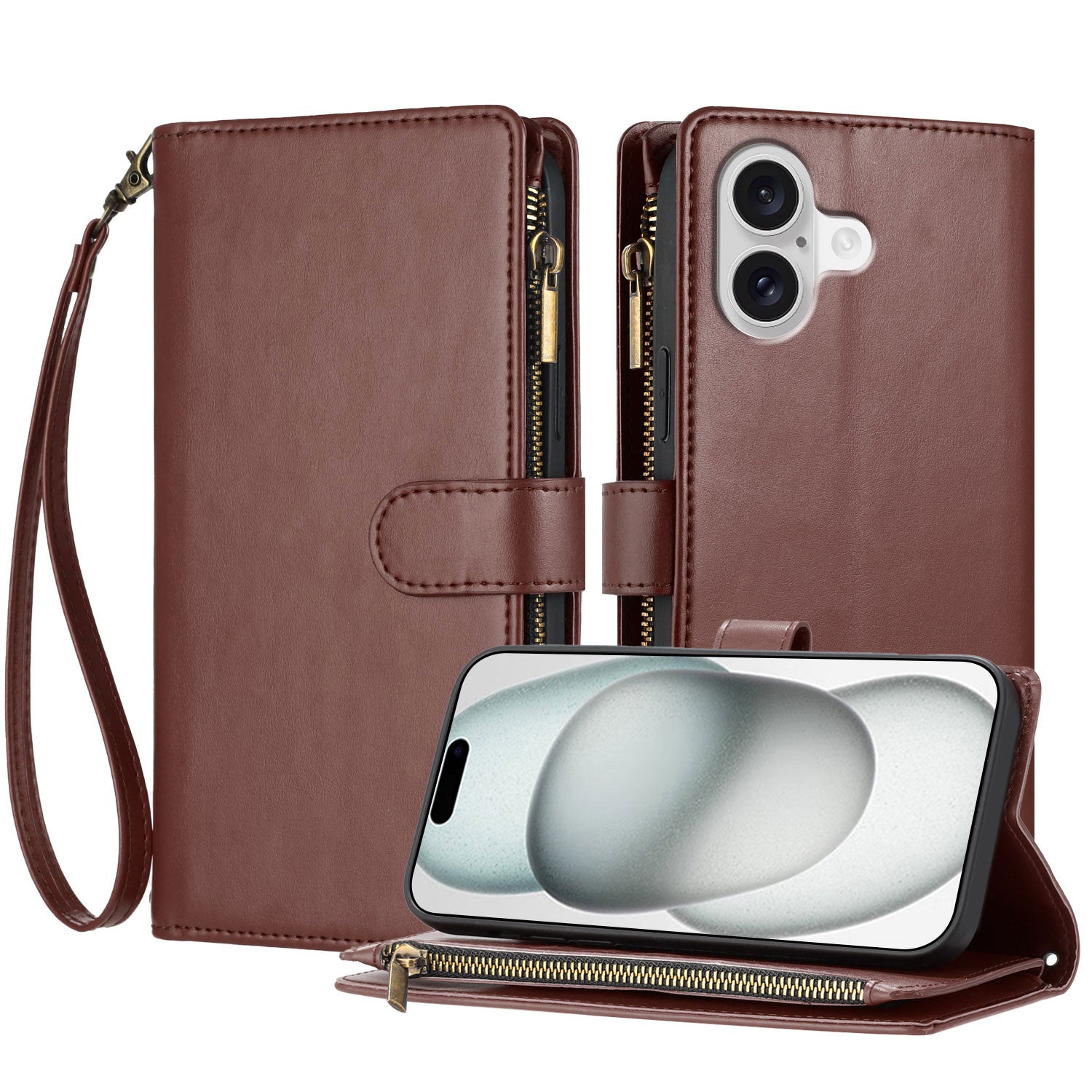 Étui portefeuille en cuir pour iPhone 17 avec fermeture éclair, support et dragonne. Protection antichoc.