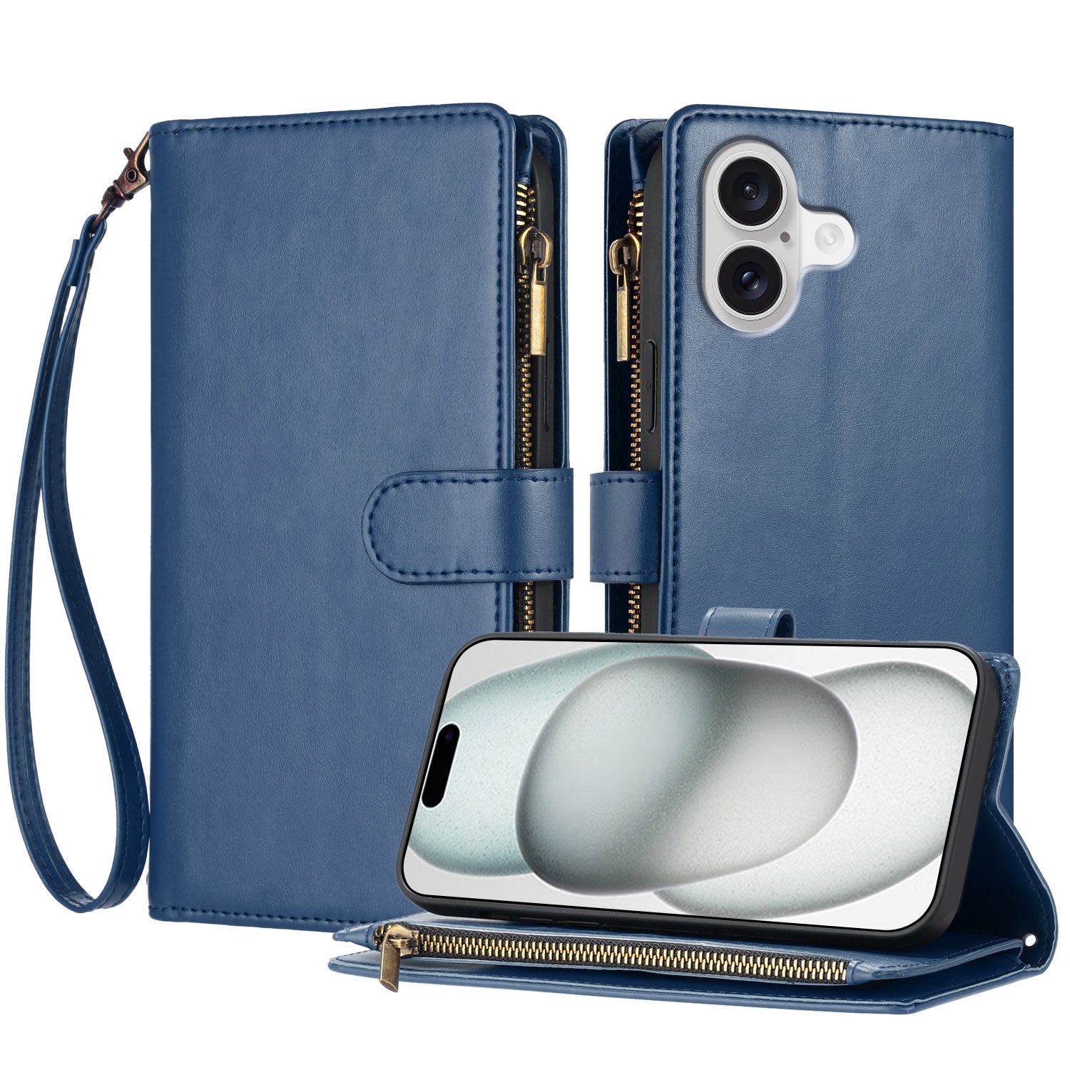 Étui portefeuille en cuir pour iPhone 17 avec fermeture éclair, support et dragonne. Protection antichoc.